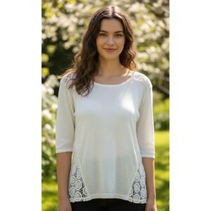 J.Jill Tunic Top Womens XS White Cotton Knit Lace Detail‎ Round Neck 3/4 Sleeve